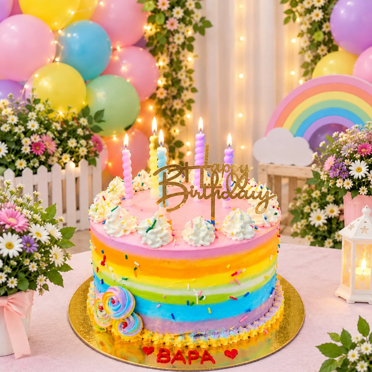Colourful rainbow-striped eggless birthday cake with festive decorations